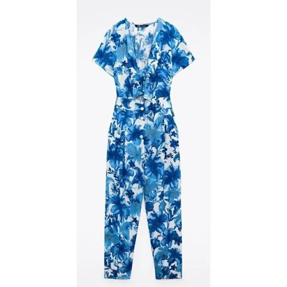 ZARA Floral Print Jumpsuit Blue V-Neck Linen Size XS/ excellent - Picture 5 of 8
